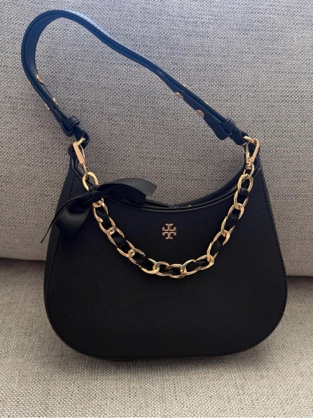 Tory Burch Black Leather Shoulder Bag with Gold Chain